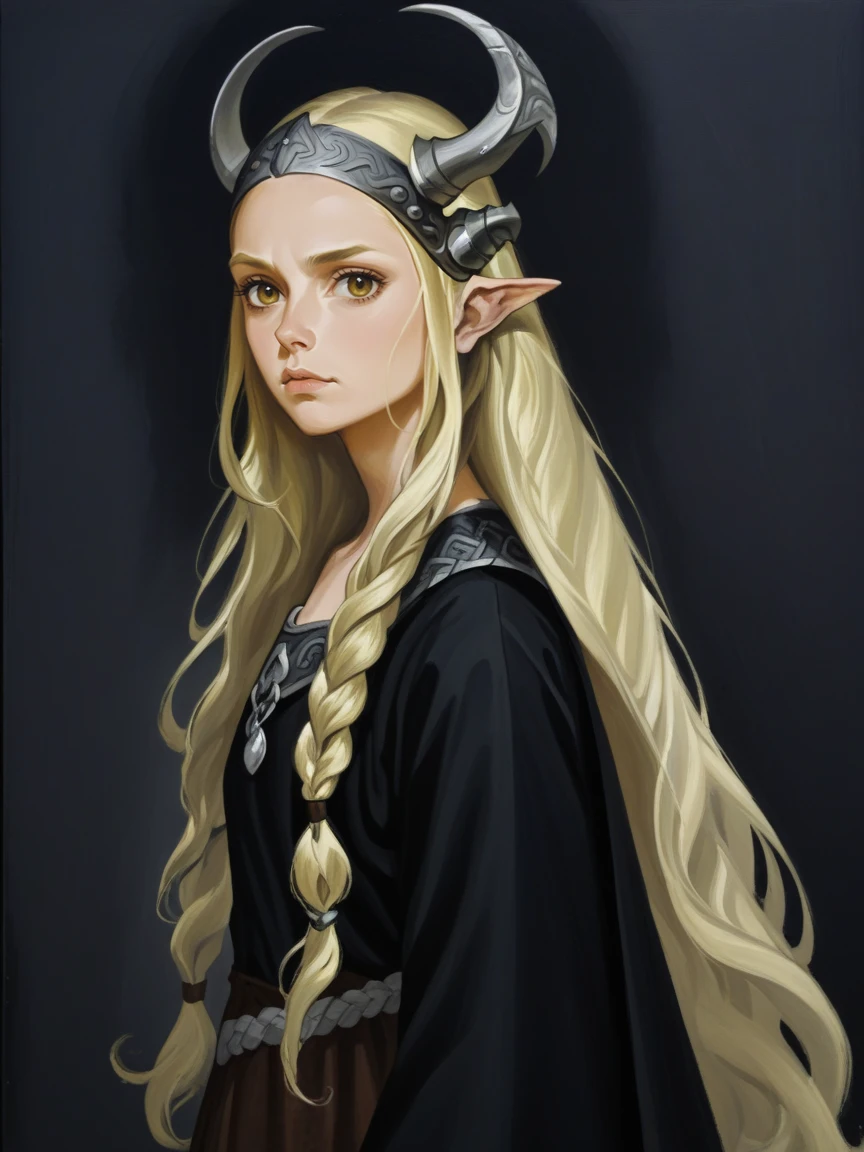 <lora:yangjXL:1> yangj, oil painting \(medium\),woman, long hair, dark background, viking,