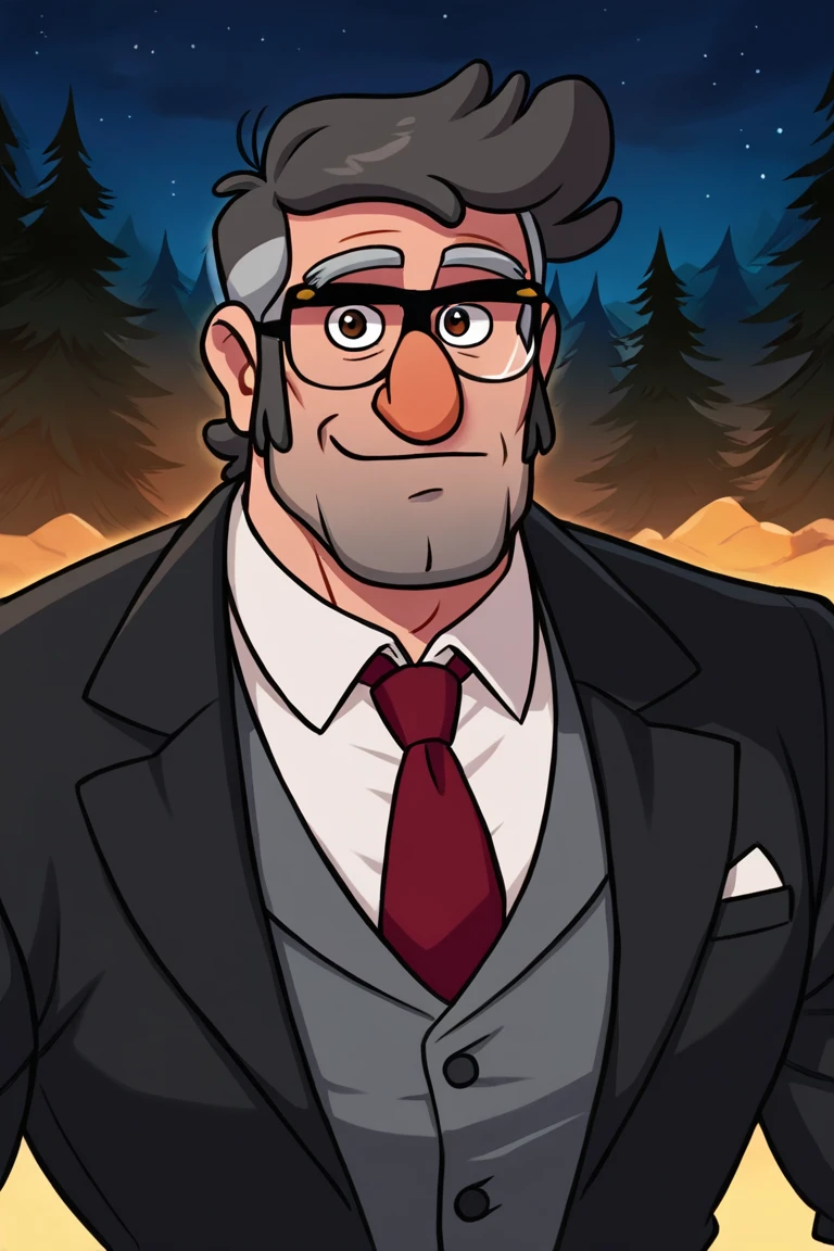 masterpiece, best quality, highres, extremely aesthetic, toon \(style\), stanford pines, 1boy, solo, male focus, mature male, muscular male, old man, short hair, grey hair, two-tone hair, brown eyes, thick eyebrows, glasses, black-framed eyewear, facial hair, stubble, long sideburns, looking at viewer, formal, suit, black suit, grey vest, white shirt, red necktie, standing, upper body, portrait, outdoors, forest, pine tree, night, night sky <lora:Stanford (Ford) Pines - Gravity Falls v1.0 MIX [LoRA] - NoobAI-XL EPS 1.0:0.8>