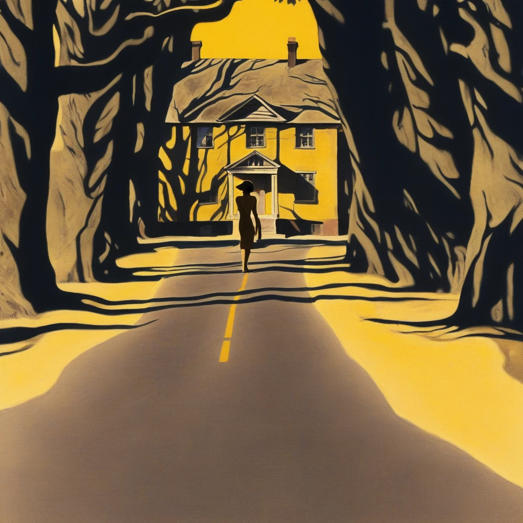 a woman in a yellow sun-dress stands on a road next to an old house, graphic shadows are cast by trees across the ground