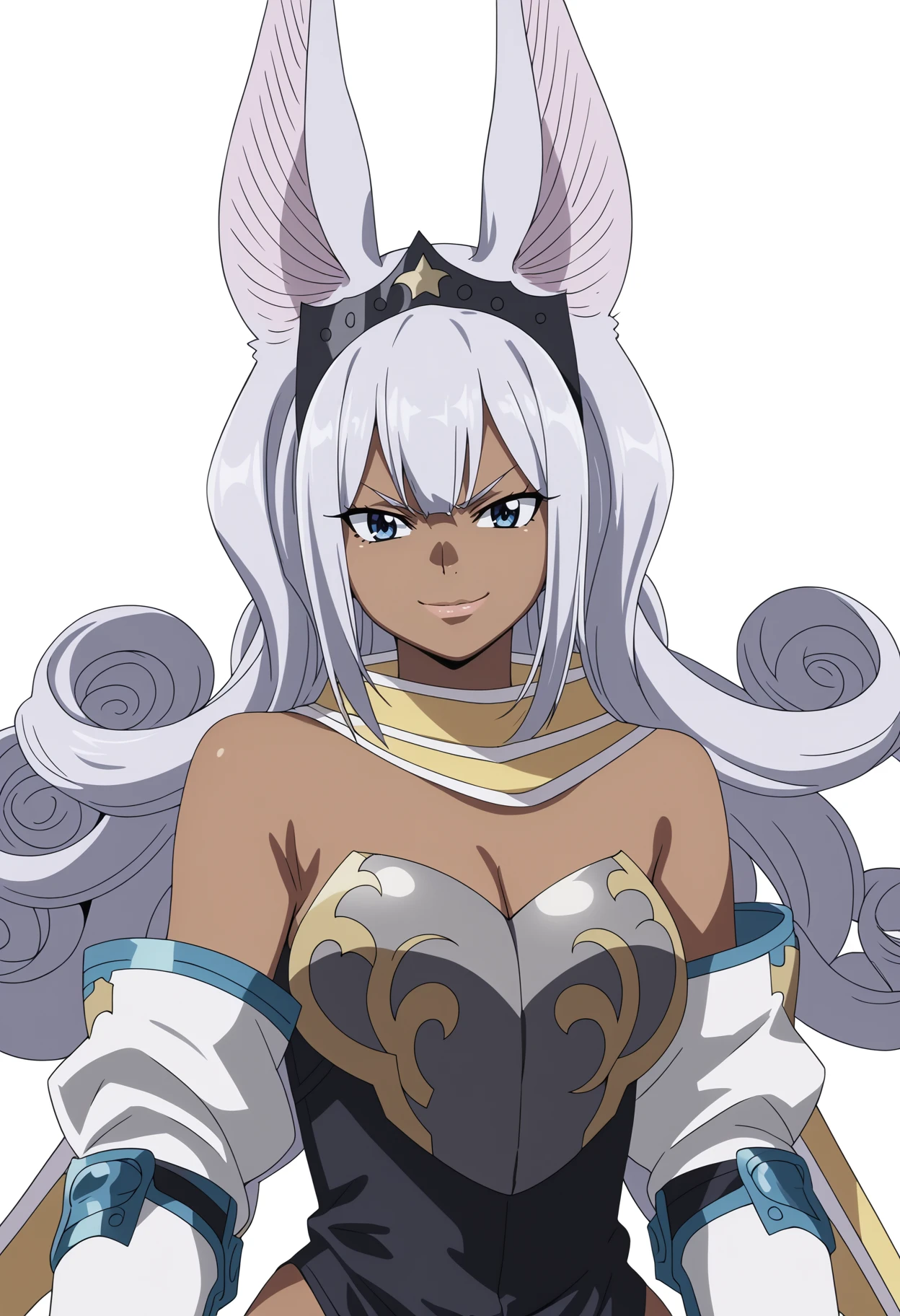 score_9, score_8_up, score_7_up, anime screencap, BREAK
1girl, ftdgswa, grey hair, long hair, curly hair, blue eyes, dark skin,
bat ears,
armor, bare shoulders, cleavage, elbow gloves,
smirk, upper body, solo, looking at viewer, (simple background, white background:1.3)  <lora:SwanPDXL_byKonan:1>