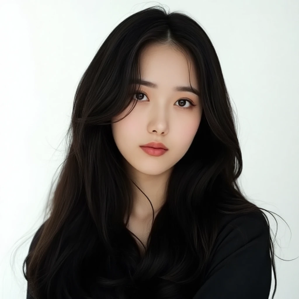 sinb, 1girl, medium full shot of beautiful girl with long hair, wearing black shirt, white background, studio lighting, dslr, soft lighting, high quality, film grain, light reflections, pale skin, skin pores, detailed skin, beauty spots, skin fuzz, detailed face, realistic, (looking at viewer:1.2), (portrait), indoors, (closed mouth:1.3), medium breast, looks natural, highres