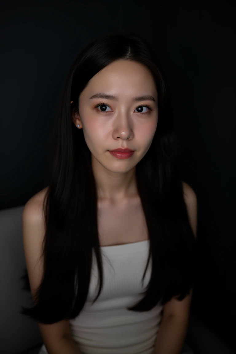 Create a close-up picture of a young woman with long, sleek black hair. She is wearing a strapless tube dress, and her expression is serene, with a soft, reflective gaze. The lighting is low and moody, casting subtle shadows to highlight her delicate features. The background is a dark gray, adding depth to the image and enhancing the focus on her calm and elegant appearance. The overall mood is sophisticated, introspective, and graceful. <lora:Tissue_Yoona_Flux_v1.0-LowRep:1>