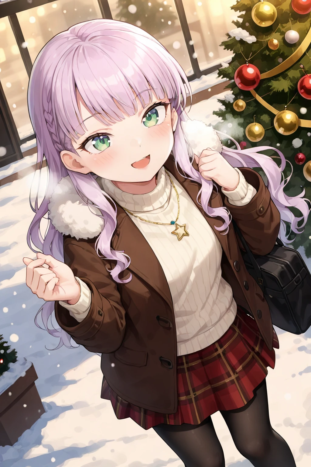 <lora:MargareteWien:0.8>, Margarete Wien, 1girl, solo, christmas tree, jewelry, necklace, skirt,christmas, christmas ornaments, red skirt, pantyhose, jacket, smile, open mouth, plaid, looking up, bag, star \(symbol\), brown jacket, from above, fur trim, long sleeves, outdoors, black pantyhose, sweater, plaid skirt, blush, winter, snowing,