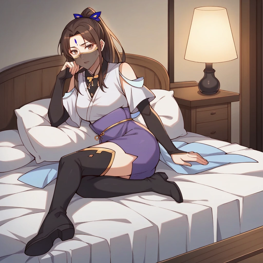 score_9_up, score_8_up, score_7_up, source_anime, 1girl, solo, night, indoors, dimmed light, Chinese bedroom, lying sideways on bed, looking at you, pillow, head rest, seductive, parted lips, full body, Xia_Ning, Shang_Alt, brown hair, long hair, ponytail, brown eyes, mouth veil, forehead mark, high-waist skirt, alt purple skirt, boots, chinese clothes, white shirt, blue shawl, short sleeves, white sleeves, wide sleeves, alt elbow gloves, fingerless gloves, alt black gloves, black collar, alt yellow bowtie, hair ribbon, thigh boots, black footwear, see-through skirt, long skirt, mature body, dynamic cowboy shot, 