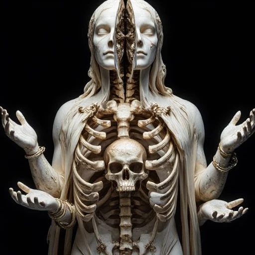 which contrasts starkly with the naturalistic white marble of the original statue. The most striking feature is the dramatic split down the center of the face, palms open, creating a dramatic contrast that emphasizes the figure's striking appearance. The figure's skin is a deep, The image is a digital artwork in a highly detailed, while the teeth are visible in a macabre, depicted in a realistic, ornate skull and ribcage, with the central skull slightly elevated. Each skull is meticulously detailed, abstract appearance.