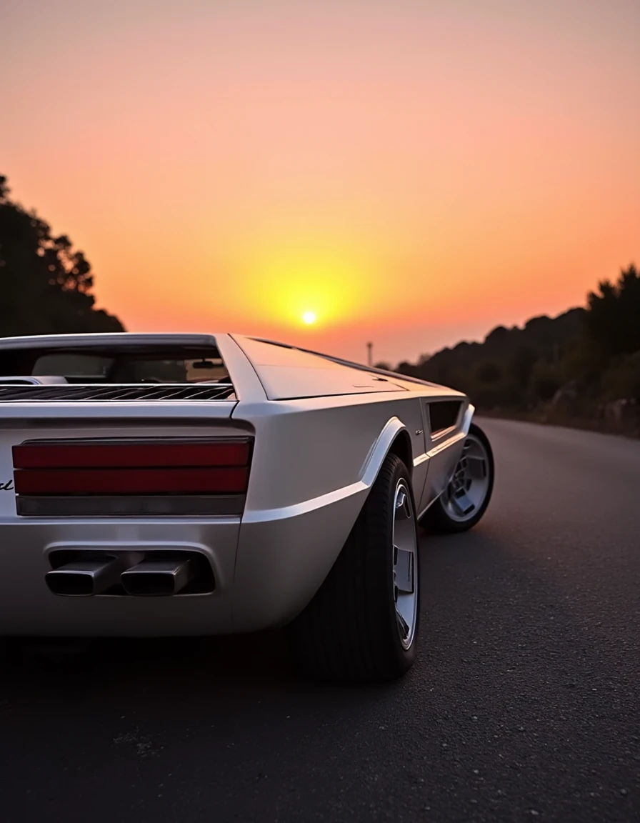 mas3r,Side view of the 1972 Maserati Boomerang in a stunning pearl white, driving along a winding mountain road with a golden sunset in the background. The setting sun casts a warm glow, creating an interplay of orange and pink hues that reflect along the car's sharp, futuristic body. The mountain silhouettes and glowing horizon add depth to the scene