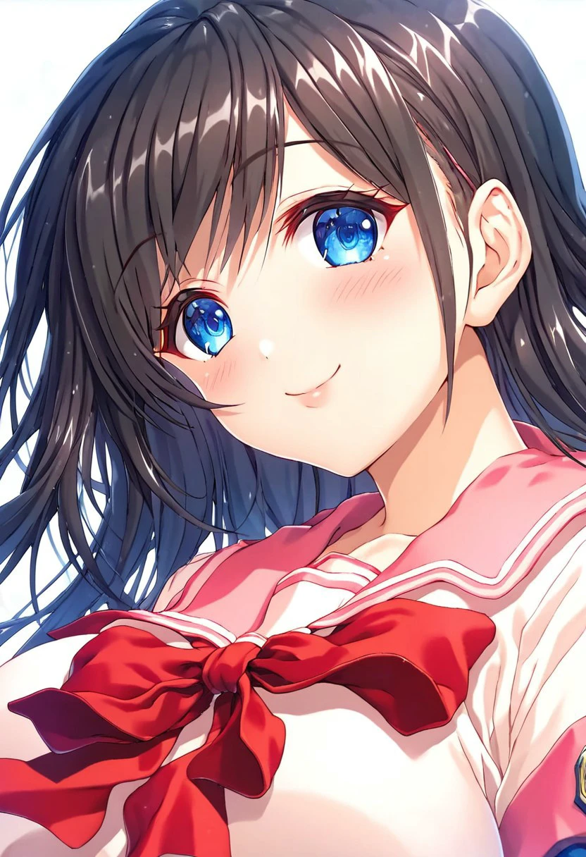 score_9, score_8_up, score_7_up, anime style, 2D-style face, high resolution, Detailed face, Best quality, ultra-detailed eyes, High-resolution portrait, sharp, subtle blush, Sharp, vivid eyes with subtle highlights, source_anime, anime style, 1girl, solo, solo focus, long hair, black hair, Asymmetrical Sidehair, blue eyes, soft smile, huge breasts, pink sailor school uniform, large red bow, long-sleeved top, pink plaid skirt, shoulder emblem, red trim, detailed shading, classic school look, traditional appearance, gentle expression, standing, upper body, classroom background