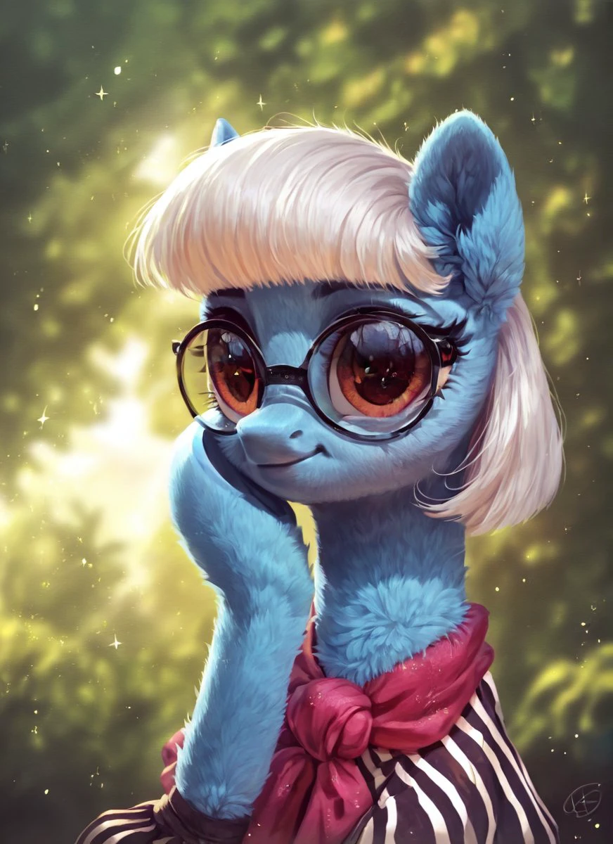 , score_9, score_8_up, score_7_up, score_6_up, score_5_up, score_4_up, rating_safe, <lora:Photo Finish:1>Photo Finish, glasses, earth pony,  solo, female, short white hair
((cute, little, fuzzy pony, fur)), (high quality, detailed, beautiful), shiny, adorable face, detailed beautiful eyes, diadema, sunlight, realistic, outstanding, countershading, detailed soft lighting, ear fluff, hoof on face, cinematic vintage photography