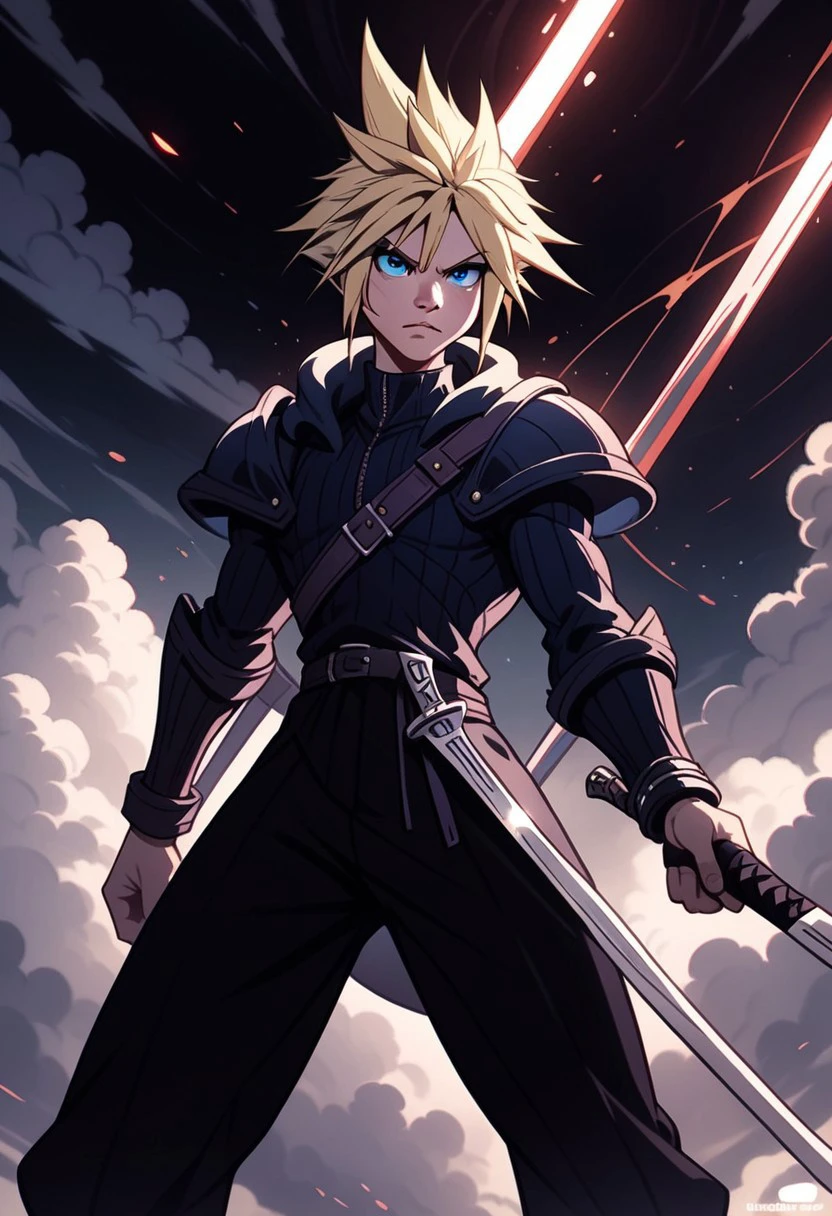 PonyXLV6_Scores BREAK  pearlescent, (Cloud Strife:1.3) from Final Fantasy, (1 boy:1.2) with (blonde hair:1.3) and (blue eyes:1.3), in a dynamic fighting stance, holding the iconic (Buster Sword:1.5). He stands solo outdoors, aiming directly at the viewer, showcasing dramatic foreshortening. The scene is infused with an (epic aura:1.4), emphasizing his determination and strength., cinematic angle, cinematic lighting