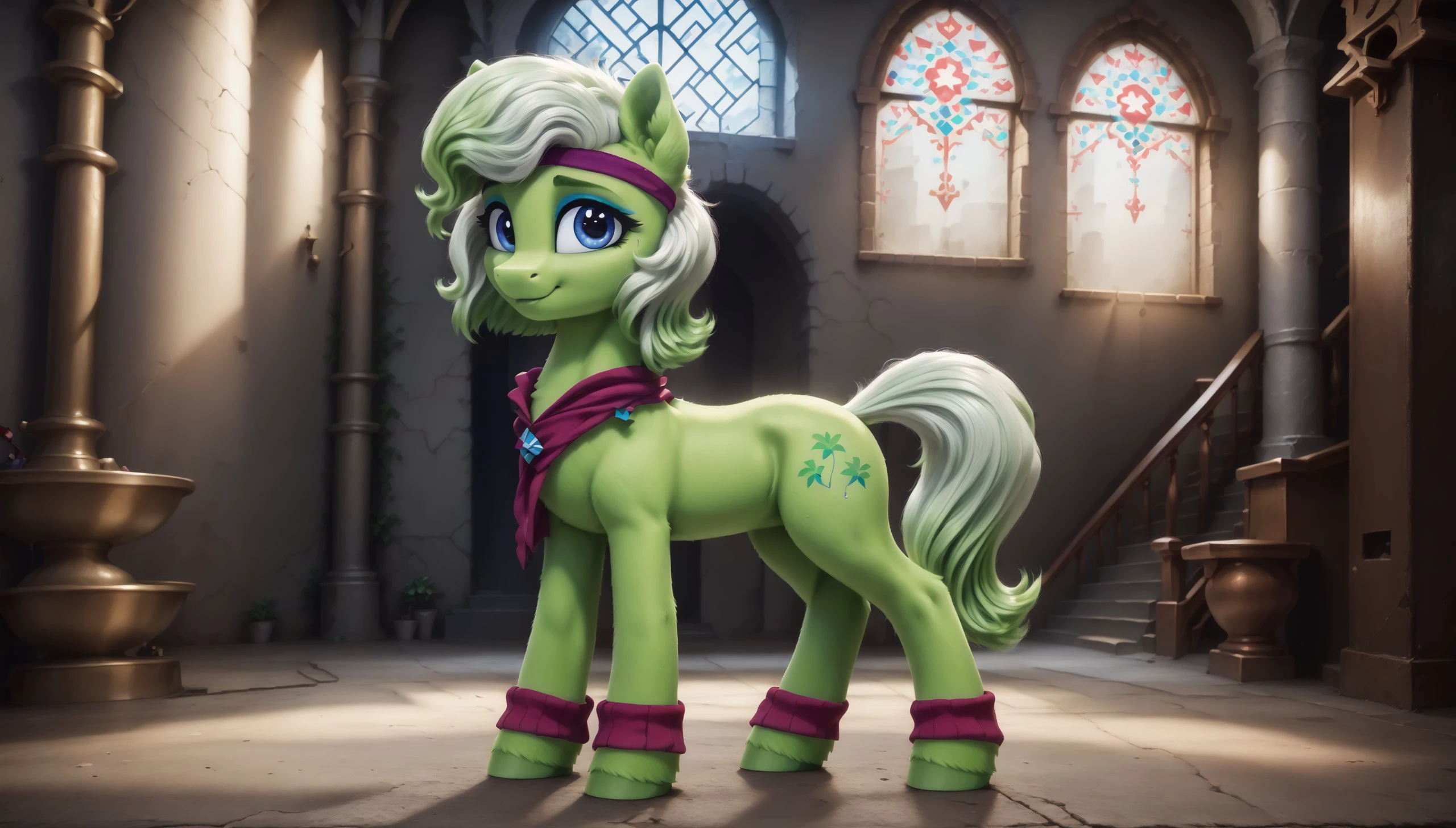 score_9, score_8_up, score_7_up, score_6_up, score_5_up, score_4_up, rating_safe,  <lora:Minty :1>Minty, FULL BODY
<lora:Wholesome_MLP-v1.2:1> <lora:Realistic000003_1_2.5DAnime_0.05_Merge1:1>
an abandoned castle-like building, the room is in semi-darkness and pierced by rays of light shining through the high arched window openings, a wide staircase leading upwards to the altar, the staircase is decorated with an elegant baluster railing. Everything is covered with layers of dust and covered with vegetation,, mlp (( pony, little, )), (high quality, detailed, beautiful), shiny, adorable face, detailed beautiful eyes, realistic, outstanding, contrast, detailed soft lighting, fluff in ears, ((pony,)), (high quality, detailed, beautiful), shiny, adorable face, detailed beautiful eyes, realistic, outstanding, contrast, detailed soft lighting, fluff in ears, cinematic vintage photography,