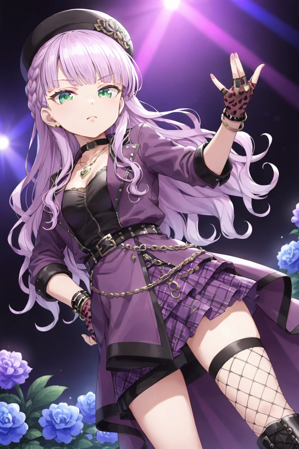 <lora:MargareteWien:0.8>, Margarete Wien, 1girl, hat, solo, leopard print, thighhighs, skirt, braid, jewelry, gloves, fishnets, bracelet, jacket, fishnet thighhighs, flower, hand on own hip, fingerless gloves, looking at viewer, necklace, purple jacket, belt, purple skirt, choker, boots, dutch angle, animal print, breasts