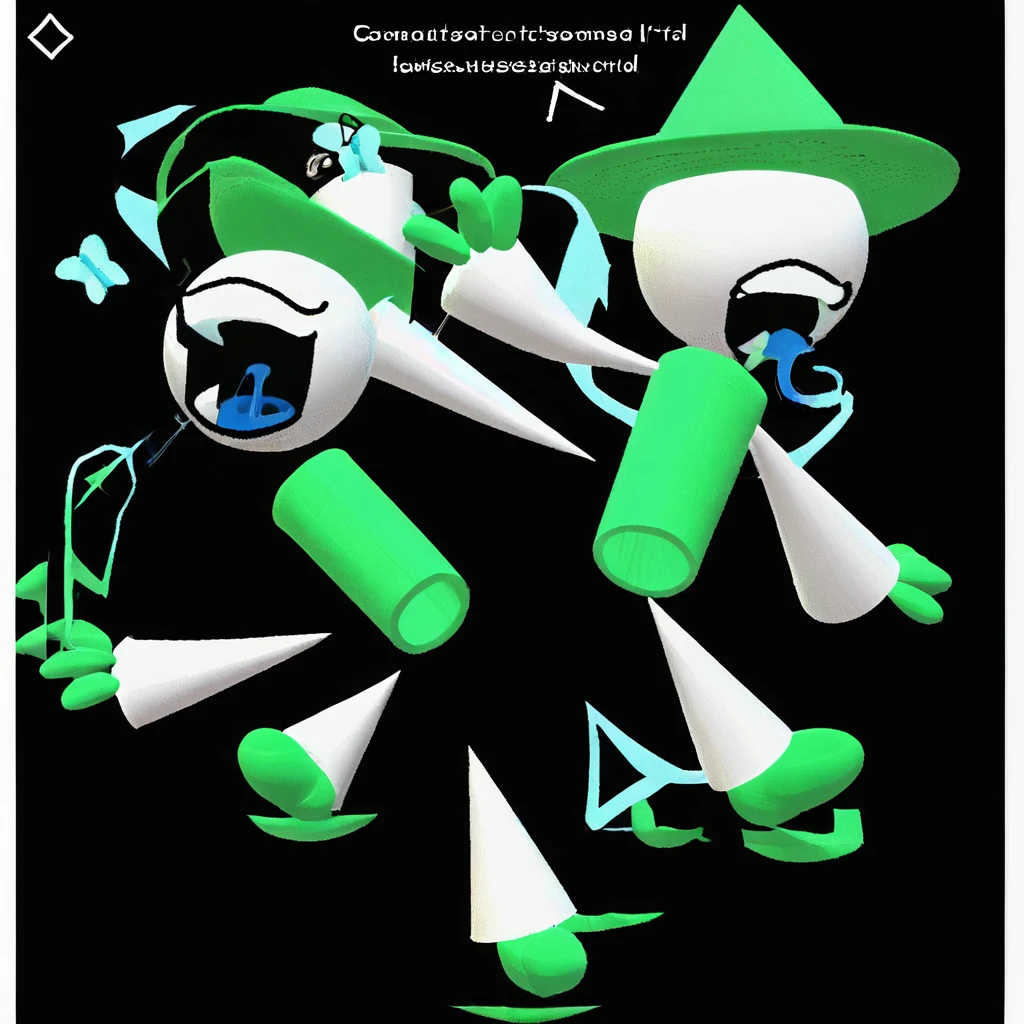 gradient background, english text, white pants, cropped torso, huge thighs, 3 fingers, green eyes, blue blush, green hands, curved tail, long arms, eyeless, butterfly, kick pose, one-eyed, looking from below, looking up, indoors, cg artstyle, no eyes, walking, spread legs, 3d, green footwear, thin outlines, tall, white skin, tongue out, white background, long legs, 1boy, shrug, solid black oval eye, looking to the side, :d, male focus, arms at sides, full body, 2d, 2d art, kick, black background, blue tongue, big thighs, witch hat, saliva, shrugging, smiling