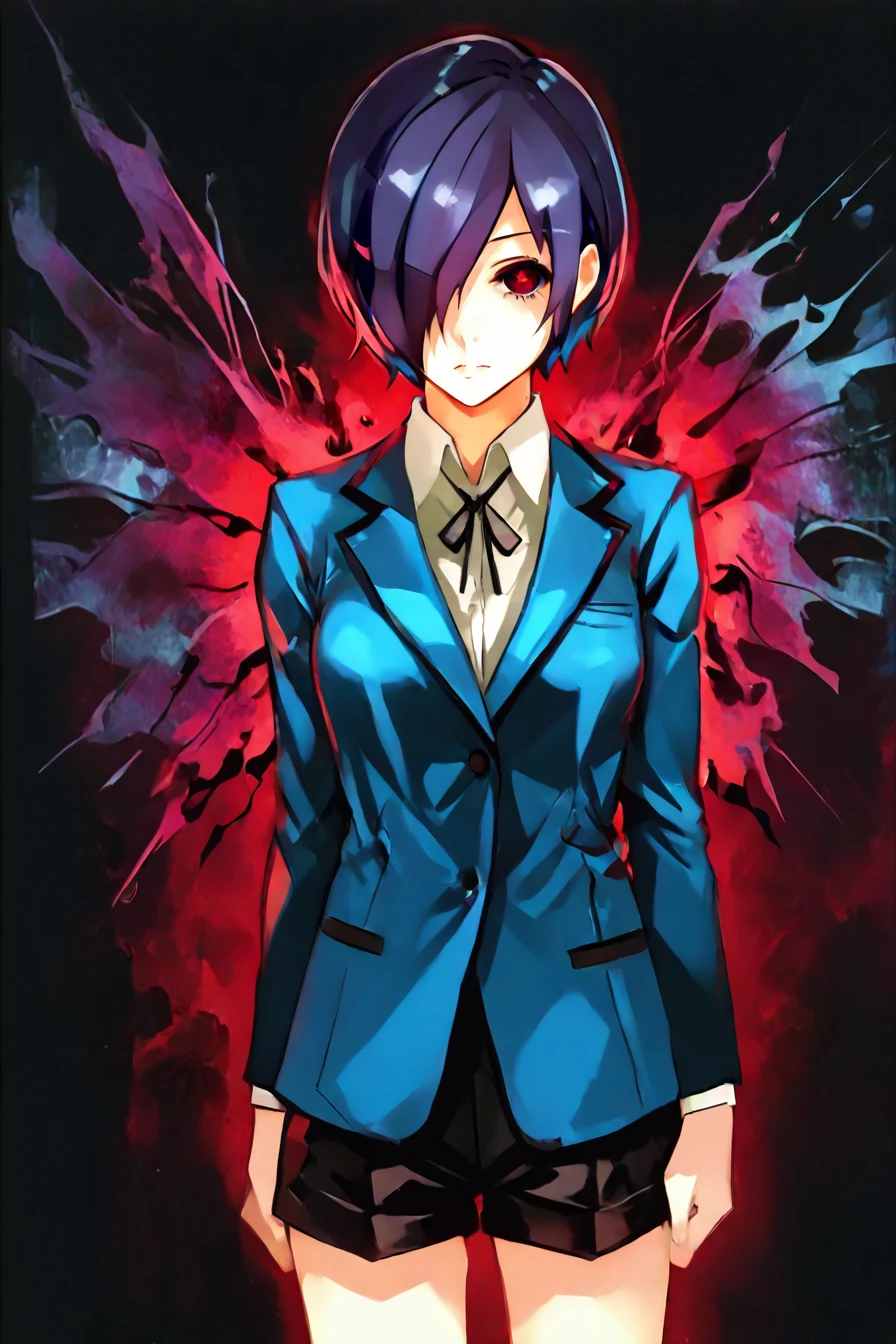 score_9, score_8_up, score_7_up, score_6_up, score_5_up, score_4_up,  <lora:tokyoghoul_kirishima_ponyXL:0.6> kirishima touka, blue hair, hair over one eye, blue jacket, long sleeves, white shirt, collared shirt, black shorts, 1girl, <lora:Sui_Ishida_style_IllustriousXL:1>, sui_Ishida_style,  solo, alone, standing, looking at the viewer, masterpiece, highres, <lora:UkakuPony:0.95>, kakugan, red eyes, black sclera, kagune on back, gradient kagune