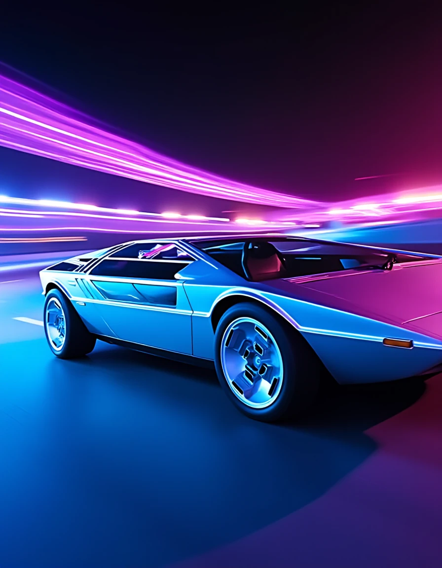 mas3r,Side view of a silver 1972 Maserati Boomerang speeding down a futuristic neon-lit road. Bright, colorful light trails in shades of cyan, magenta, and purple streak along the background, casting dynamic reflections on the car's angular body. The sharp lines of the Boomerang are accentuated by the glowing ambiance of the neon lights