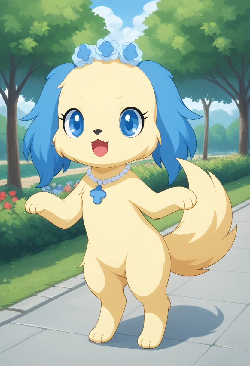 score_9, score_8_up, score_7_up, score_6_up, score_5_up, BREAK
Sapphie, anthro, female, jewelpet, yellow fur, blue ears, solo, looking at viewer, open mouth, blue eyes, jewelry, standing, full body, flower, necklace, no humans, furry, dog, park, dynamic pose, yellow tail