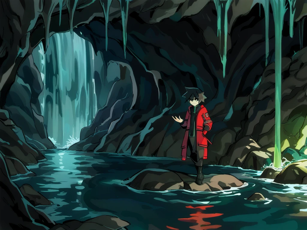 (masterpiece, best quality:1.1), (highly detailed sketch, line art:1.1), (boy with spikey black hair, green eyes, red-white jacket:1.2), walking through a cave, dark lit cave, wild river, in a stream of water, waterfall cave.