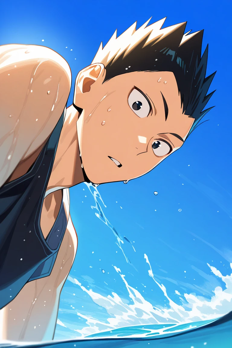 day, natural lighting, summer theme, water, water droplet, water splash, ocean horizon, male focus, leaning forward, looking down at viewer, surprised, KindaichiHU, black_KindaichiHU_spiked hair, black_KindaichiHU_eyes, parted lips, summer clothes, wet clothes, black tank top, 1boy, blurry outdoors, scenery, from below, dutch angle, intricately detailed illustration, masterpiece,best quality,amazing quality,very aesthetic,absurdres,newest