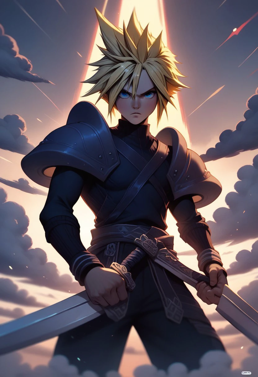 PonyXLV6_Scores BREAK  pearlescent, (Cloud Strife:1.3) from Final Fantasy, (1 boy:1.2) with (blonde hair:1.3) and (blue eyes:1.3), in a dynamic fighting stance, holding the iconic (Buster Sword:1.5). He stands solo outdoors, aiming directly at the viewer, showcasing dramatic foreshortening. The scene is infused with an (epic aura:1.4), emphasizing his determination and strength., cinematic angle, cinematic lighting