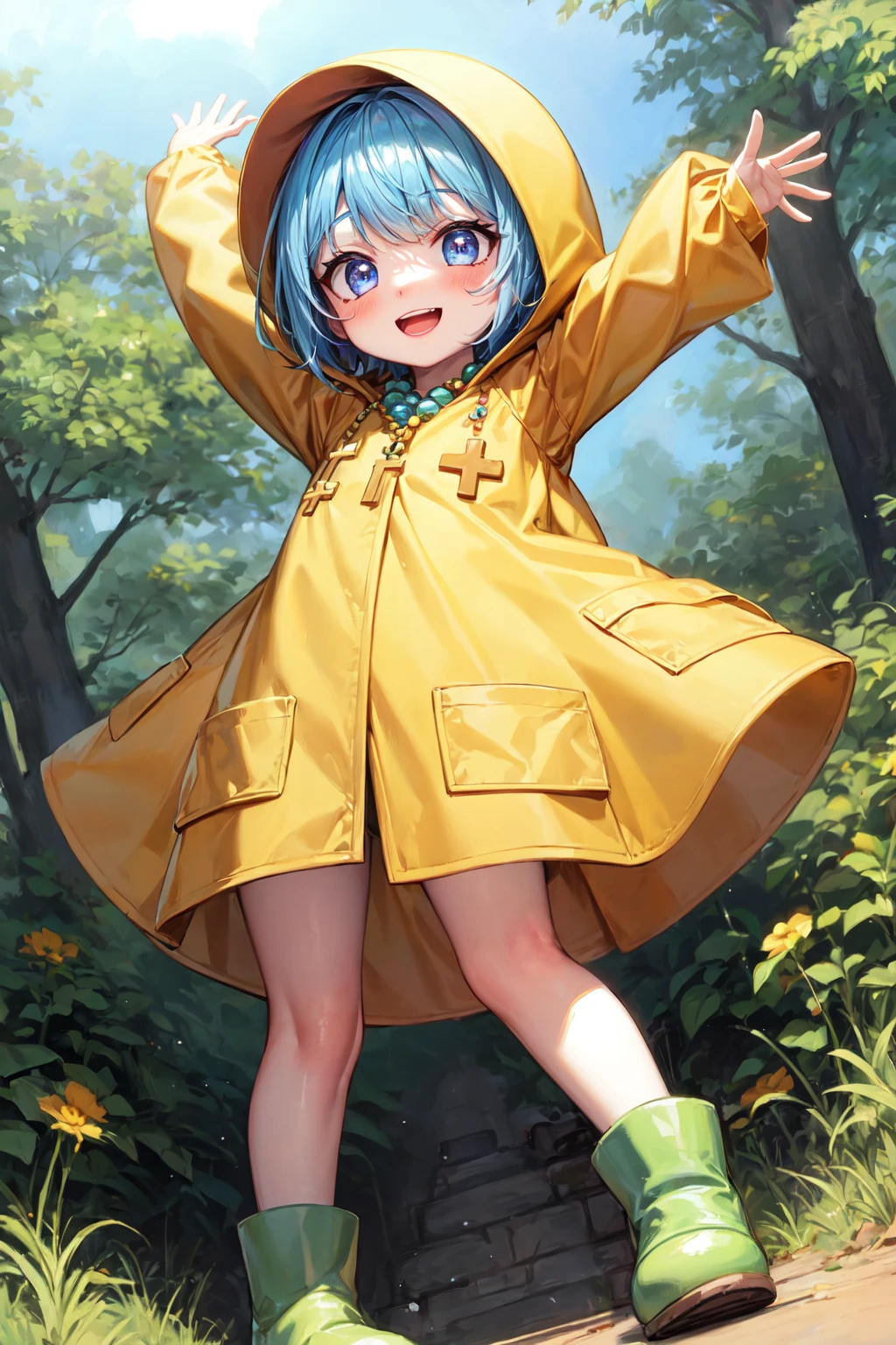 masterpiece,best quality,highest detailed,(chibi:1.2),1girl,solo,Luce,short hair,blue hair,(swept bangs:1.3),blue eyes,jewelry,beads,cross necklace,hood up,yellow raincoat,white shirt,long sleeves,pocket,rubber boots,(green footwear),standing,(spread arms,arms up),smile,open mouth,grass,plain,full body,dutch angle,<lora:Concept-control tool-add_detail-CyberAIchemist:0.8>,<lora:Luce(jubilee_2025):1.2>,