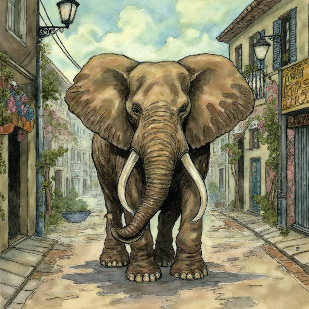 Painting in the style of r3b3cc4gu4y artstyle: an elephant walking in a cit streets

