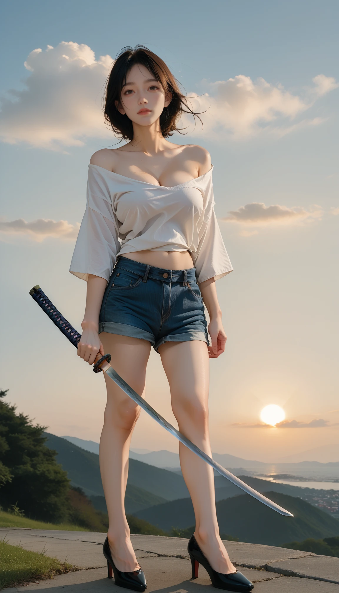 1girl, full body, high heels,  film grain, photo by fuji-proplus-ii film, raw photo of 20 years old woman, offshoulder top,  deep blue sky, cloudy sky,  denim shorts,   big breasts, 
score_9, score_8_up, score_7_up,  anime, source_anime, sunset, 
(long katana, holding katana),  <lora:katana:0.9>