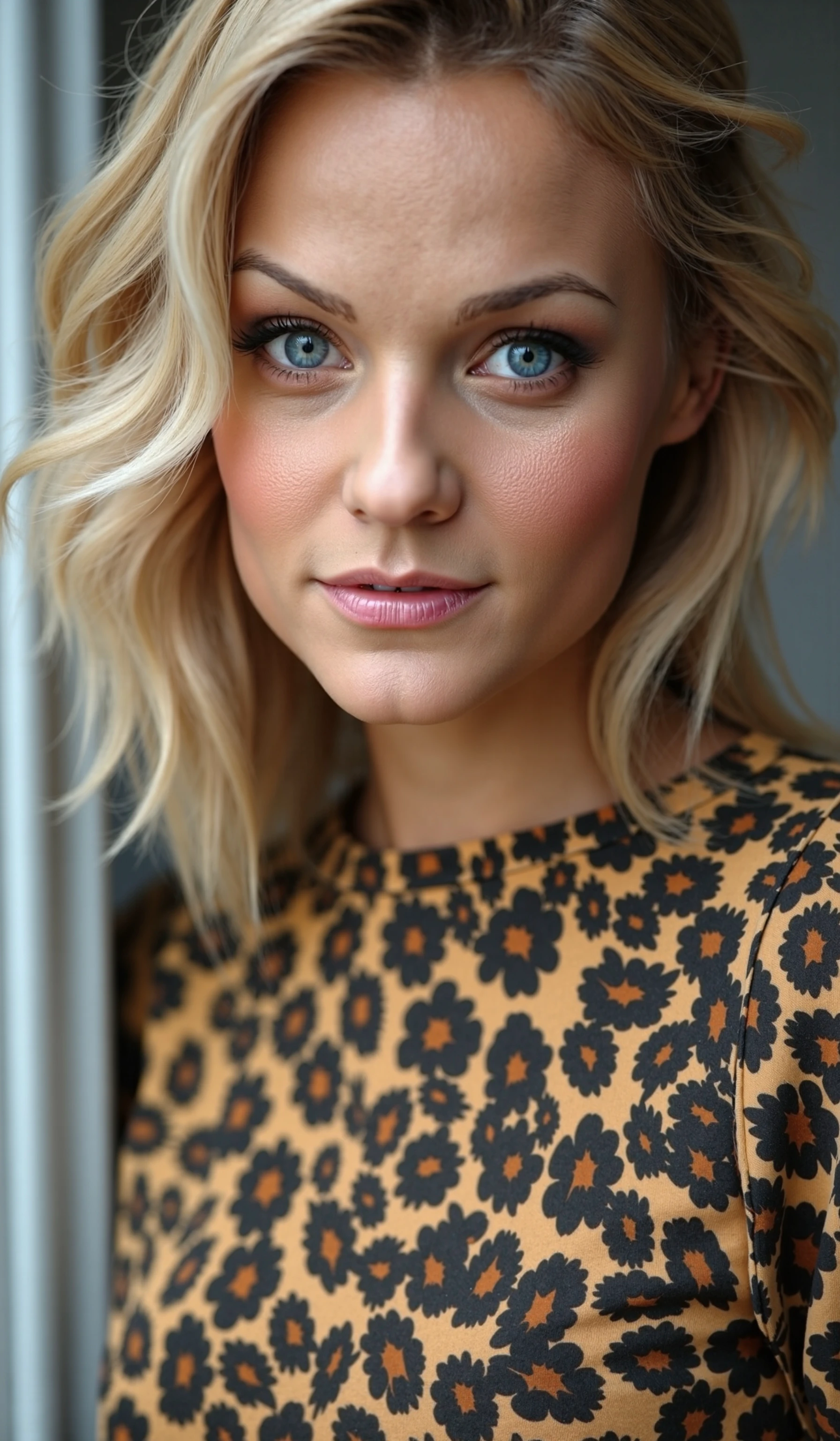 close portrait of a young woman, slightly mild side view, a lordly young woman ,( standing  wear a cozy cute tight luxory fashion sweatshirt  dress ) ,  light  blonde middle short straight hair style with some large curls , petite delicate , (high detailed face and skin texture with skin pores:1.3)  , lovely eye contact with the viewer,   confident boldness, (small chin:1.4567),  , weimir1 (teasing and longing look facial expression)