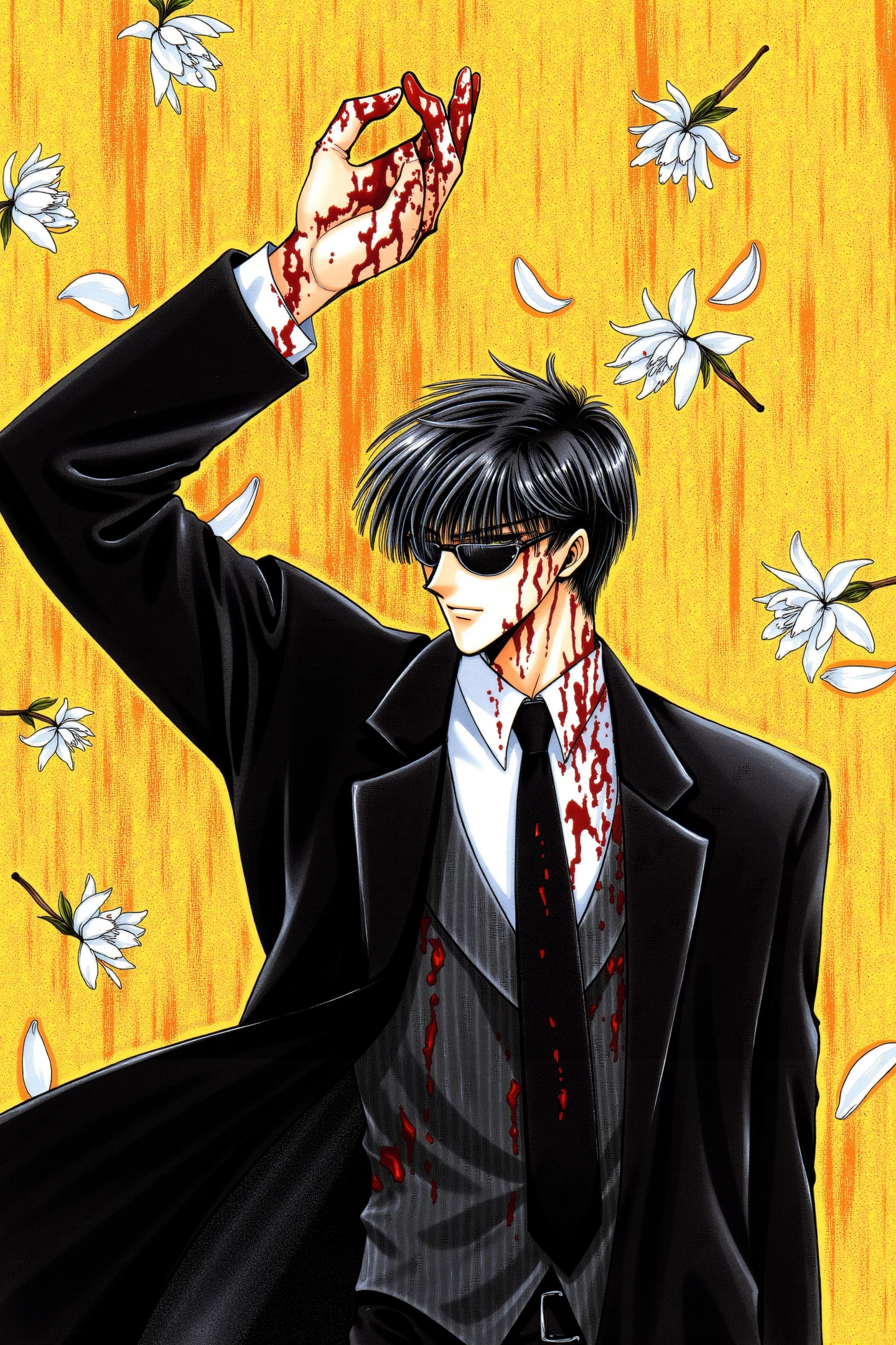 This is a digital drawing in the anime style,featuring a male character with a distinct,intense expression. The character is depicted in a dramatic,almost surrealistic setting. He has short,dark hair and a pale complexion,with sharp,angular features. His eyes are hidden behind dark sunglasses,adding a mysterious and brooding aura. He is dressed in a black,long coat with a white dress shirt and a black tie,exuding a sense of formality and sophistication. Blood stains are prominently visible on his face,shirt,and coat,suggesting a violent or traumatic event. The background consists of a golden,textured surface with scattered white cherry blossoms,creating a stark contrast with the dark,bloody figure. The cherry blossom petals are scattered,some falling gracefully,while others are splattered with blood,adding to the chaotic and intense atmosphere. The overall composition is dynamic,with the character's right arm extended upwards,emphasizing his dominant and commanding presence. The image is signed by the artist,Seishi Sakurazuka,in the top left corner.,
<lora:X_FLUX:1>,