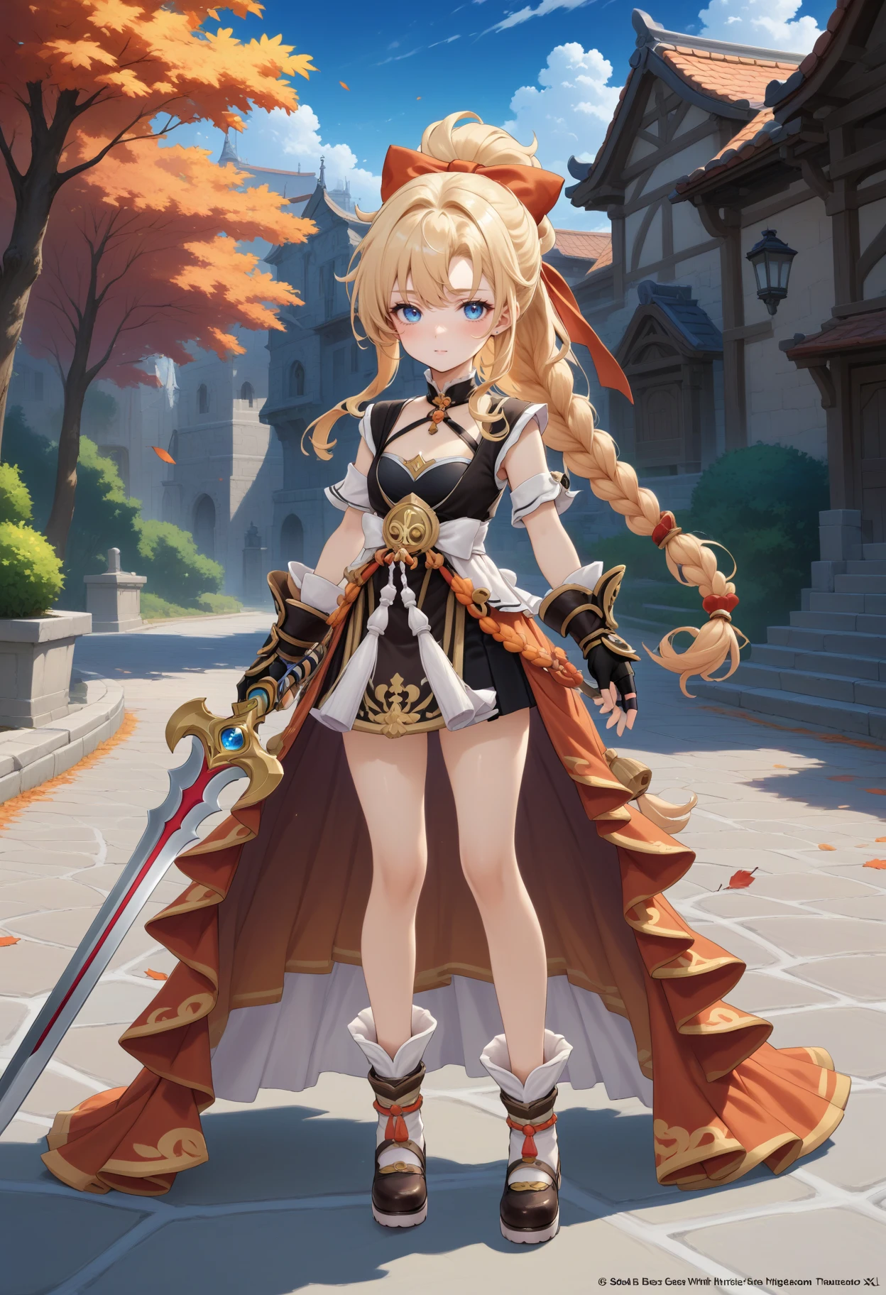 masterpiece, best quality, very aesthetic, absurdres, rom_sarah_xl,
1girl, blonde hair, braid, hair bow, blue eyes, holding sword on right hand, fingerless gloves, 
full body, standing, looking at viewer, outdoors, wind, falling autumn leaves, autumn, vivid colors, tranquil and magical atmosphere,
shiny skin, beautiful face, beautiful eyes, extreme detailed, official art, professional illustration, hires,
<lora:rom_sarah_xl:1>, <lora:aesthetic_anime_v1s:0.5>, <lora:add_details_xl:0.5>