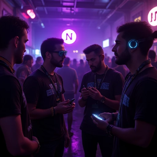 A professional photograph of a people gathering together at a technology conference. The location is dark and has mostly artifical light such as LEDs and neon lighs, there is a very cyberpunk vibe. There is cigarette smoke and the glow of neon lights. People are tech-savvy and have advanced wearable technology on their wrists, on necklaces, on headsets, etc. There is a big neon (noderunnerslogo) sign on the wall in the back. The people at the meetup are enjoying themselves as they are playing arcade videogames and talk about technology.