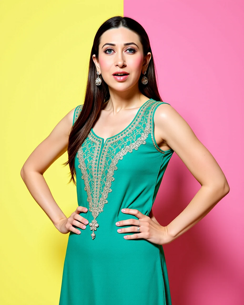 cowboy shot photo of Karisma Kapoor woman,candid photo with natural colors, shouting expression on face,studio quality, wearing intricate conservative sleeveless Jade Churidar Suit, straight hair, pastel shaded multicolored background, cinematic soft lighting<lora:TestBed\Karisma_Kapoor_Flux_Kohya_V1.safetensors:1.0:1.0>