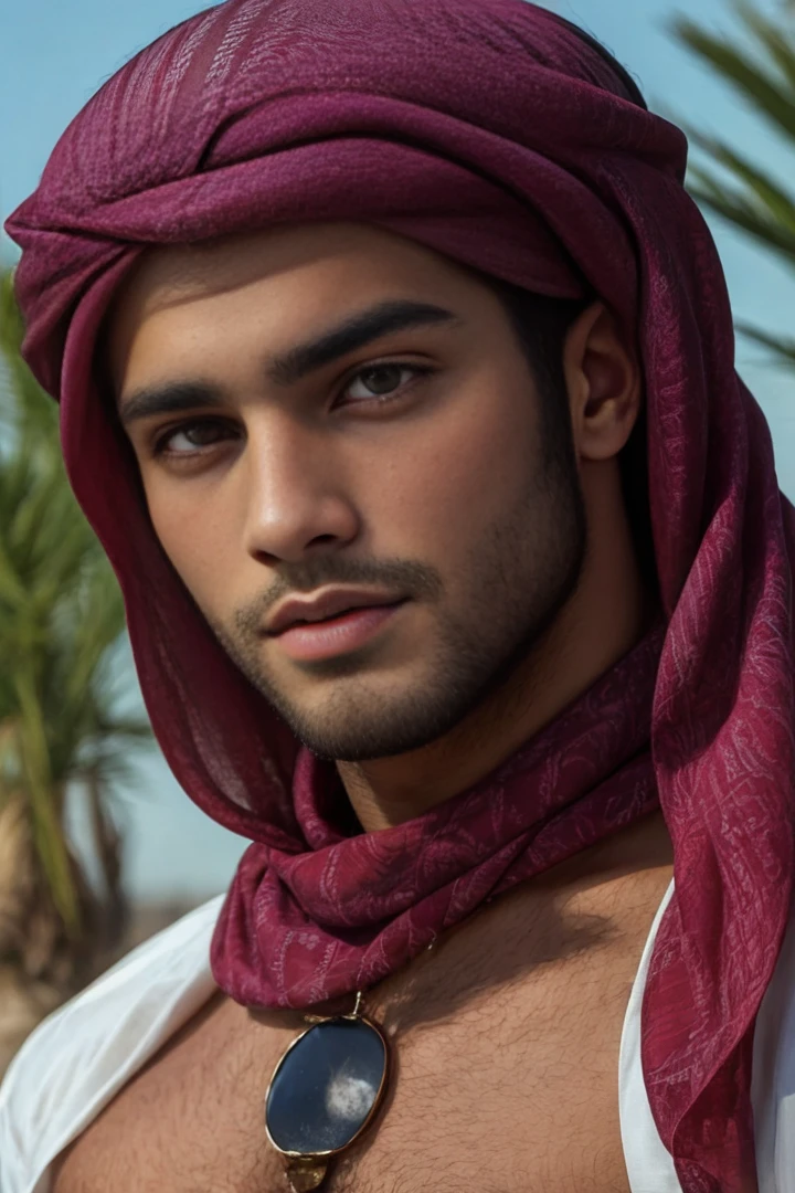 <lora:Xavier_Aziz_GV:1> 1boy, Arabic, black hair, golden brown eyes, handsome, young, 21, face, head scarf, open shirt, face portrait