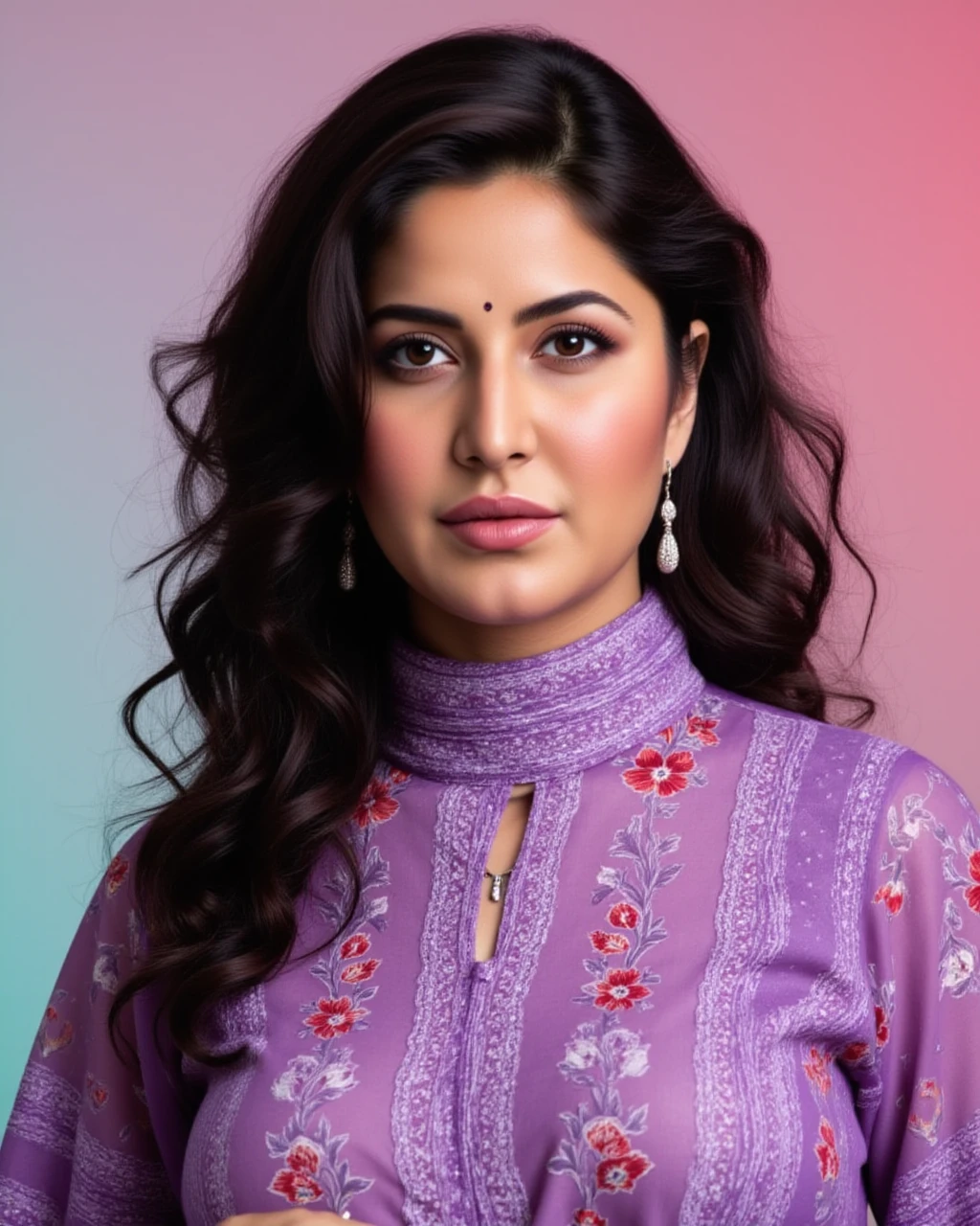 cowboy shot photo of a Katrina Kaif woman,candid photo with natural colors, serious expression on face,studio quality, wearing intricate conservative turtleneck Purple Kalamkari Dress (hand-painted fabric), curls, pastel shaded multicolored background, cinematic soft lighting<lora:TestBed\Katrina_Kaif_2024_Flux_Kohya_V1.safetensors:1.0:1.0>