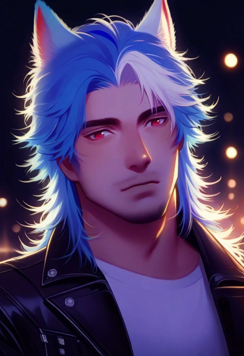 pearlescent, 1boy, male focus, red eyes, blue hair, two tone hair, streaked hair, white hair, medium length hair, cat ears, animal ears, miqote, white shirt, leather jacket,p upper body, mature male, portrait, old, cinematic angle, cinematic lighting, masterpiece