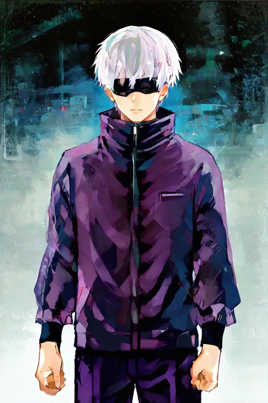 score_9, score_8_up, score_7_up, score_6_up, score_5_up, score_4_up,  <lora:GojoSatoruPony:0.8> SatoruGojo, white hair, purple pants, high collar, blindfold, covered eyes, black blindfold, purple jacket, 1boy, <lora:Sui_Ishida_style_IllustriousXL:1>, sui_Ishida_style,  solo, alone, standing, looking at the viewer, masterpiece, highres