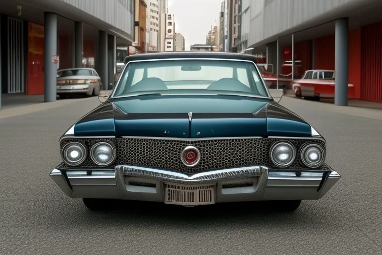 (photorealistic, UHD, 8k, masterpiece), omg_cars, (1971 funny bizarre Buick Electra fastback coupe, Bunkie Knudsen style, headlights and taillights switched on), driving on Tokyo C-1 Circuit highway during rush hour <lora:OMG_Cars_epoch_5:1.0>