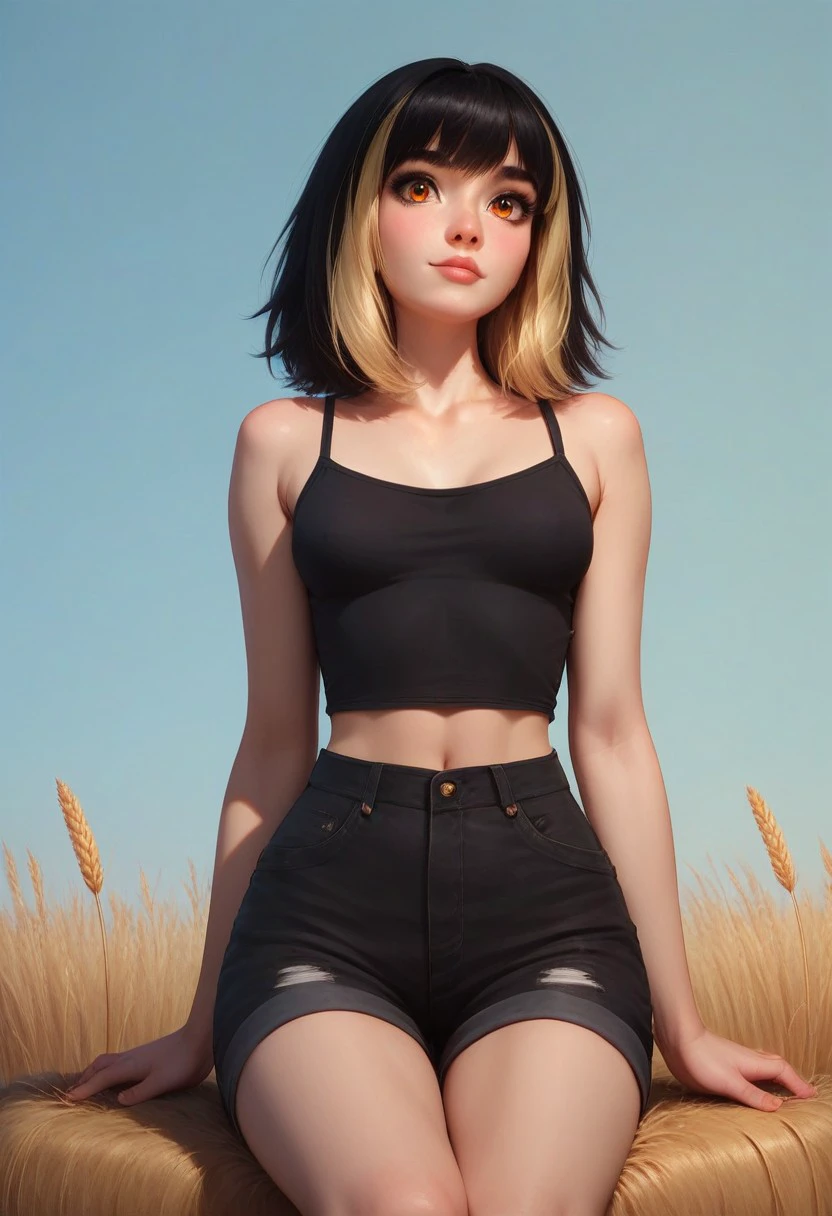 score_9, score_8_up, score_7_up, semi realistic, 1girl, Chiara Gamroy, detailed hands, detailed face, pettite body, small breasts, 
amber eyes, black hair, shoulder length, blonde front highlights, black bangs, straight hair, straight bangs, amber eyes, dark make up, 
black top, black shorts,
sexy pose, sitting on hay,
low angle, 
halloween, harvest, autumnal, outdoors, wheat field,