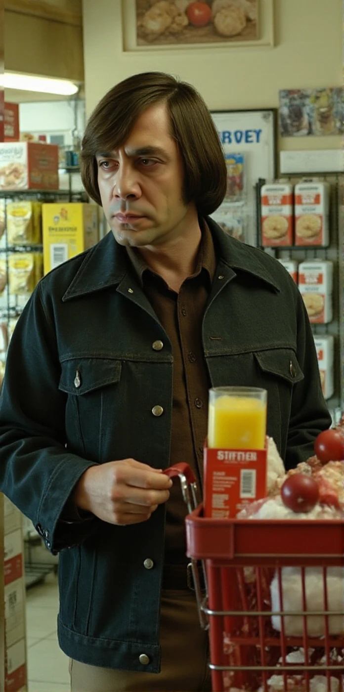 <lora:Anton_Chigurh:0.9> anton chigurh,, realistic, brown hair. He is grocery shopping a in wallmart