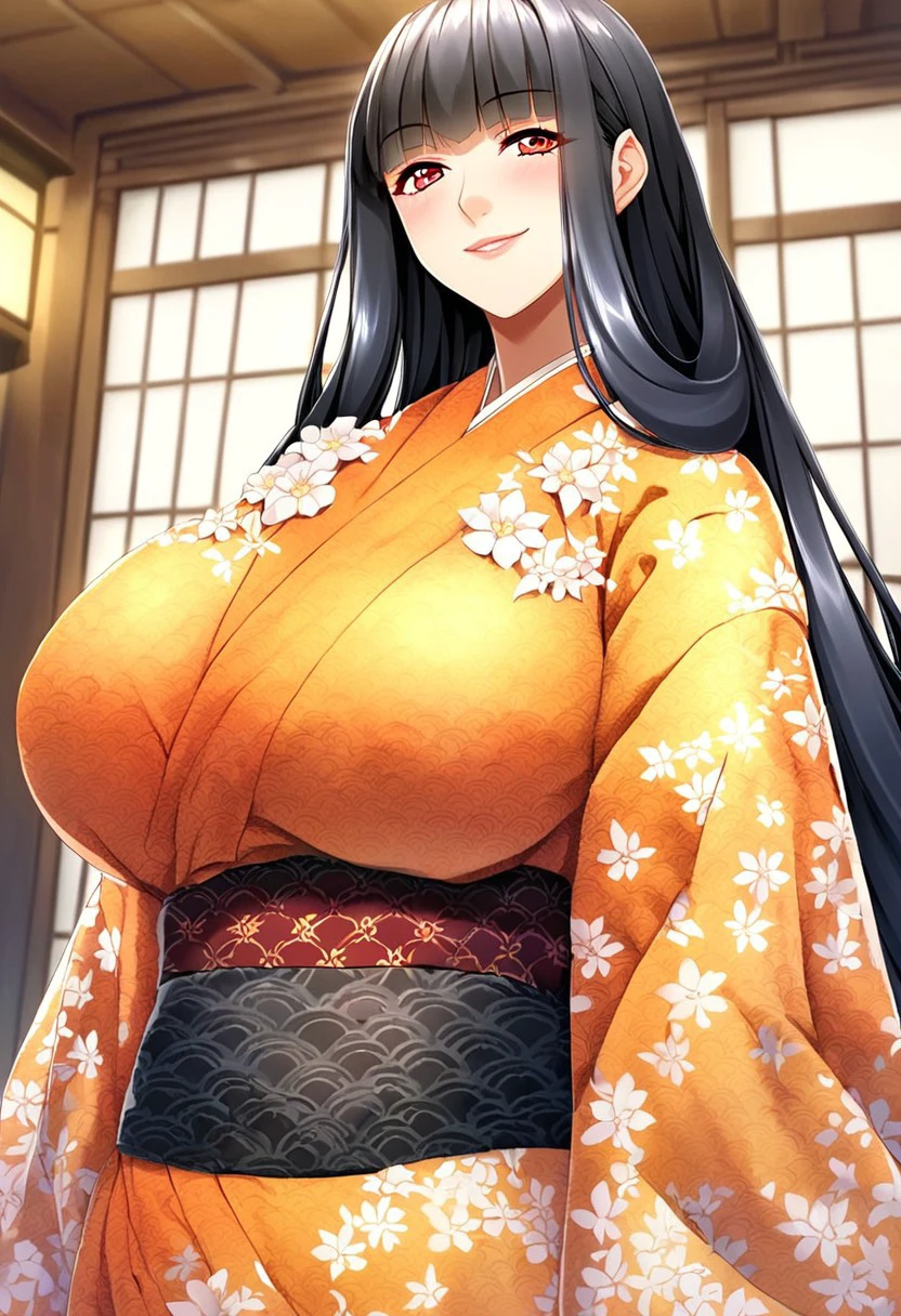 score_9, score_8_up, score_7_up, anime style, 2D-style face, high resolution, Detailed face, Best quality, ultra-detailed eyes, High-resolution portrait, sharp, subtle blush, Sharp, vivid eyes with subtle highlights, source_anime, anime style, 1girl, solo, solo focus, long hair, straight hair, black hair, red eyes, pale, huge breasts, young adult, mature woman, traditional orange kimono, orange and white floral pattern, gentle smile, folded arms, elegant pose, floral design, soft expression, traditional attire, detailed pattern, calm demeanor, cultural dress, intricate hairstyle, Japanese aesthetic, white flower motifs, smooth fabric, Japanese background, interior,