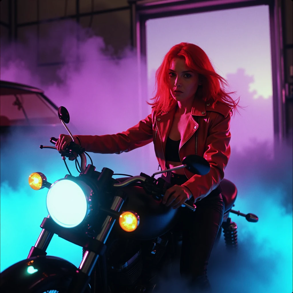 Imagine an image in the style of a dimly lit garage hidden in a cyberpunk metropolis, where a young redhead in a vivid red biker jacket and black leather pants works on her sleek motorcycle. The fog rolls in from the open door, blending with the warm glow of neon lights inside. Her face is focused, illuminated by the soft blue and purple neon reflections, creating a cinematic contrast between her fiery hair and the gritty, industrial surroundings, evoking a sense of noir mystery and determination.