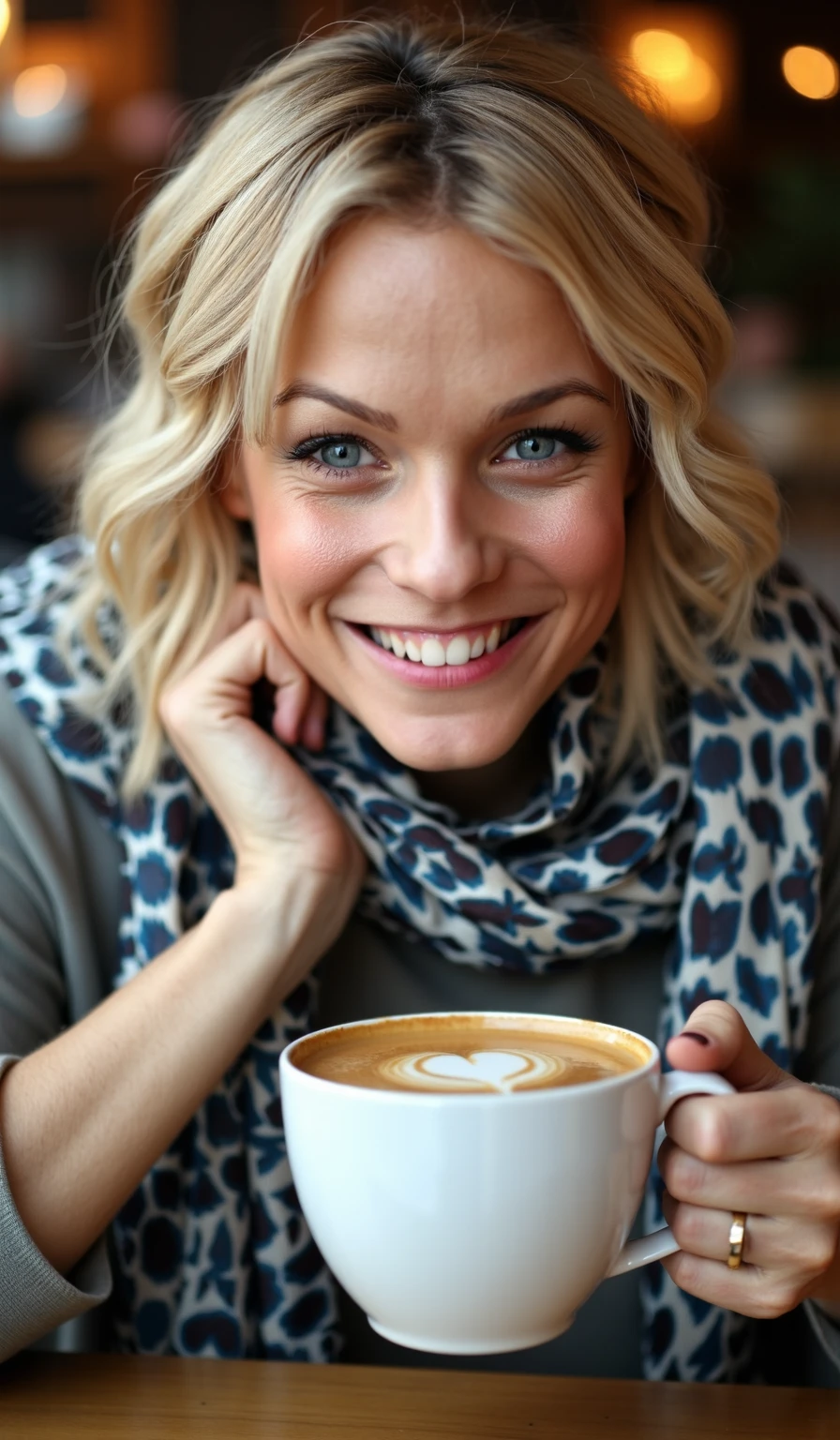 close portrait of a young woman , slightly mild side view , sitting in a cafebar on a cafe table ,  grabbing a large mug with latte art in the shape of a heart  , light  blonde , petite delicate , (high detailed face and skin texture with skin pores:1.3)  , warming her hands on the mug , eye contact with the viewer , middle short straight hair style with some large curls , wear a skinny cute tight luxory fashion sweatshirt  dress with cleavage , weimir1 (teasing facial expression) , (small chin:1.5)