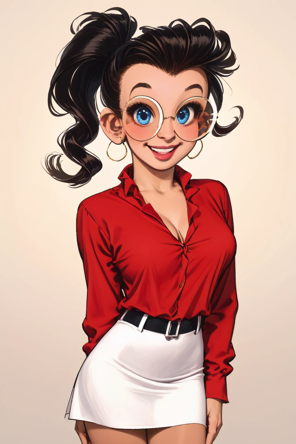 linda, 1girl, black hair, solo, glasses, red-framed eyewear, smile, red shirt, looking at viewer, jeans, black eyes,smile, (flashing her bra)