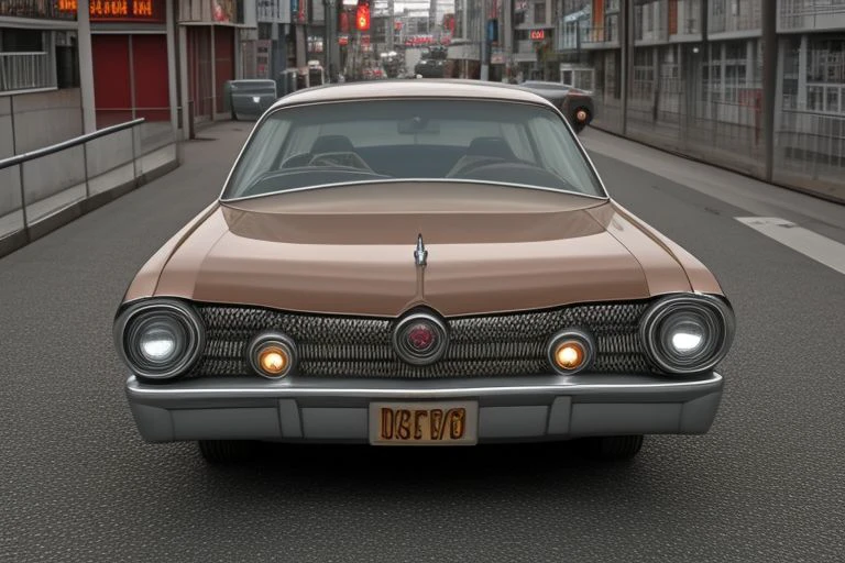 (photorealistic, UHD, 8k, masterpiece), omg_cars, (1971 funny bizarre Buick Electra fastback coupe, Bunkie Knudsen style, headlights and taillights switched on), driving on Tokyo C-1 Circuit highway during rush hour <lora:OMG_Cars_epoch_5:1.0>