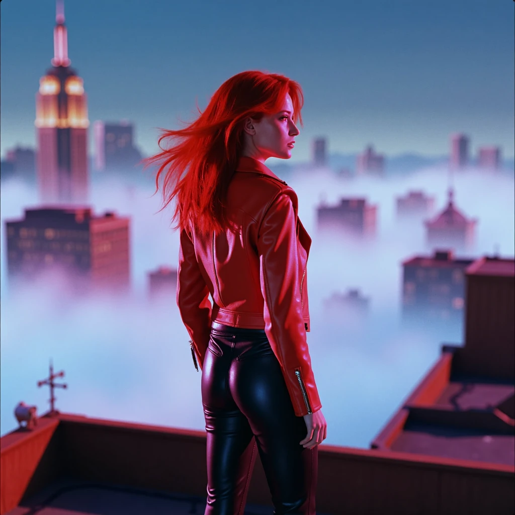 Imagine an image in the style of a mist-filled rooftop under the glow of neon signs, where a beautiful young redhead stands with a daring confidence. Her red biker jacket and black leather pants catch the ambient light, contrasting against the dense fog and the cold steel of the city skyline. Her hair flows softly in the breeze, illuminated by the neon hues, as she surveys the city below, embodying the elegance and grit of a cyberpunk rebel.