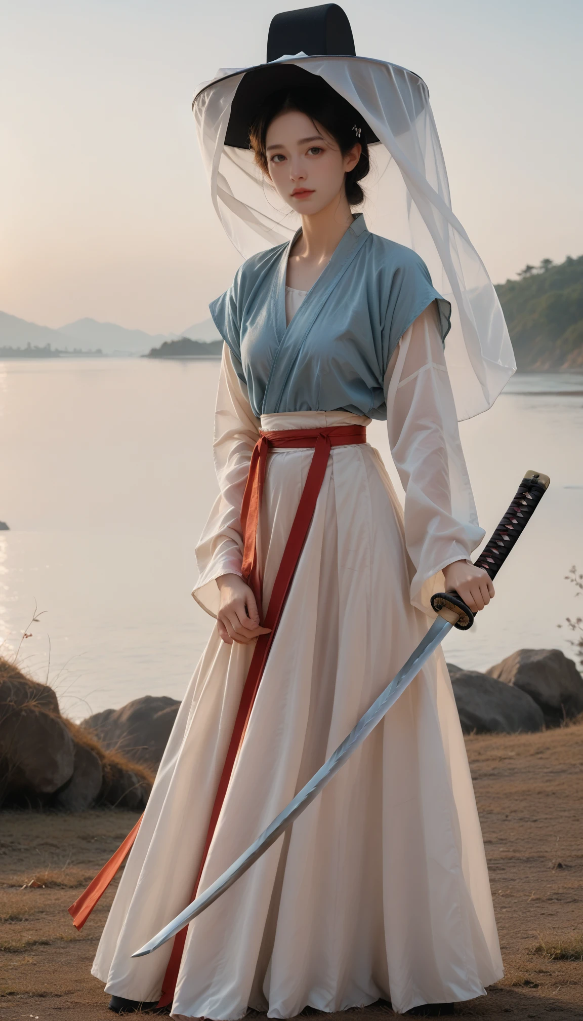 1girl, full body,  film grain, photo by fuji-proplus-ii film, raw photo of 20 years old woman,  deep blue sky, cloudy sky,  veil hat, hanfu, big breasts, 
score_9, score_8_up, score_7_up,  anime, source_anime, sunset, 
(long katana, holding katana),  <lora:katana:0.9> <lora:veil-hat-v_pony:0.6>