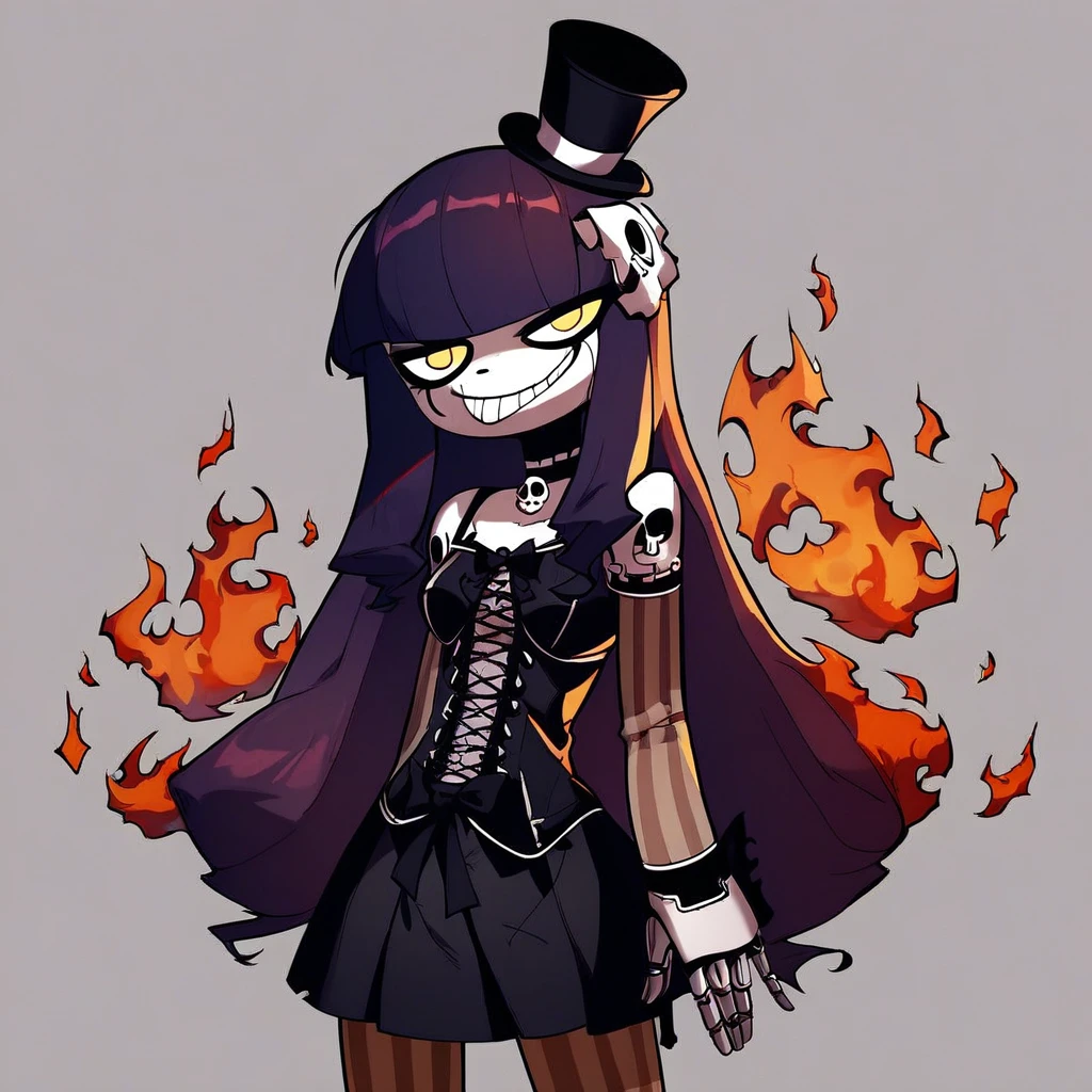 toon (style), solo focus, foreground focus, 1girl, dress, hood, mask, hollow eyes, hood up, black dress, brown belt, thighs, white boots, red hair, hair over one eye sleeves past fingers, sleeves past wrists, large breasts, (breast rest, elbow rest)