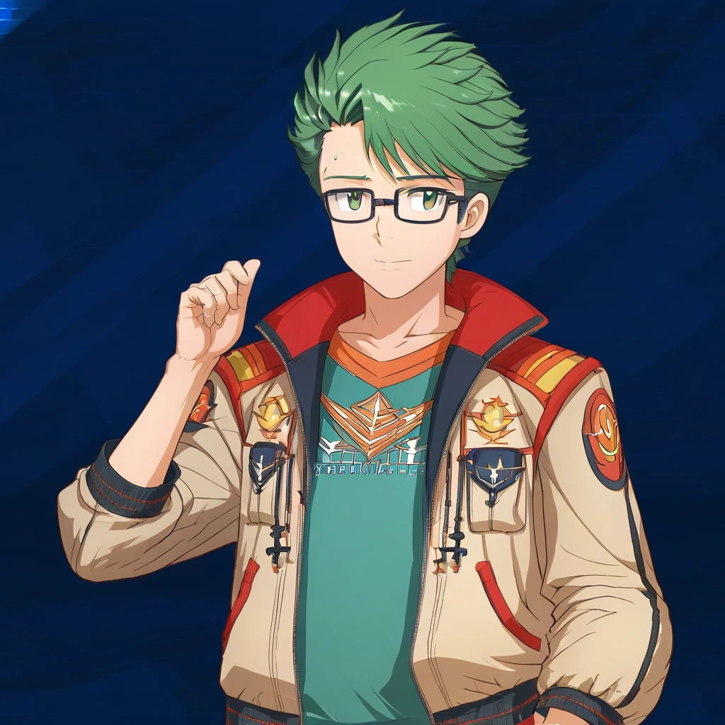 Gundam breaker, tao, green hair, turquoise shirt, Gundam, glasses, brown eyes