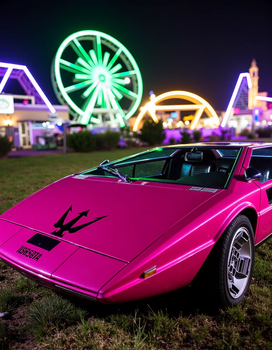 mas3r,Neon pink 1972 Maserati Boomerang parked near a brightly lit amusement park filled with multicolored Ferris wheels and roller coasters. The scene is alive with flashes of green, purple, and yellow lights, which reflect off the car’s surface in playful patterns. The setting has an exciting and whimsical energy, perfect for a vibrant night out