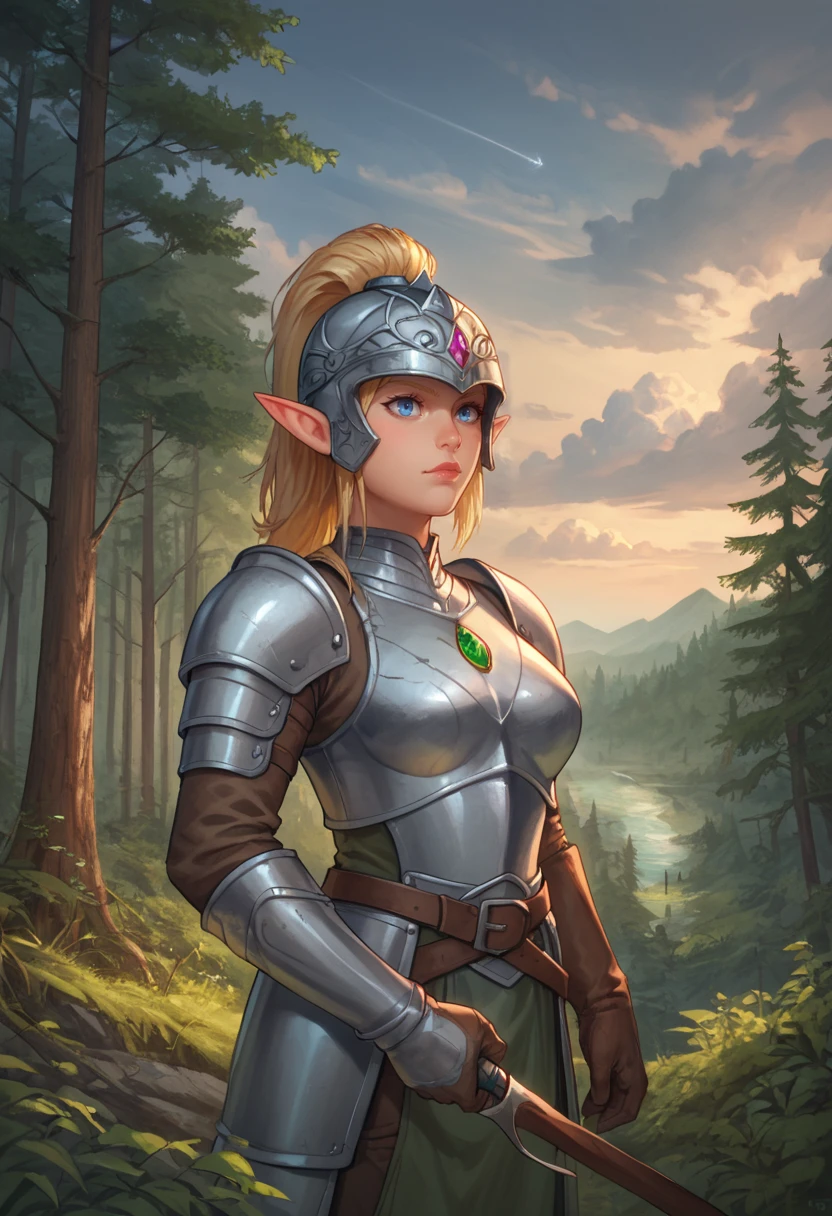 score_9, score_8_up, score_8,
 <lora:Perrox_Style_for_PonyXL:0.8> p3rr0x
1girl, solo, gloves, elf, blond hair, silver armor, blue eyes, helmet, quiver, emerald gemstone,
outdoors, forest, clouds, scenery,