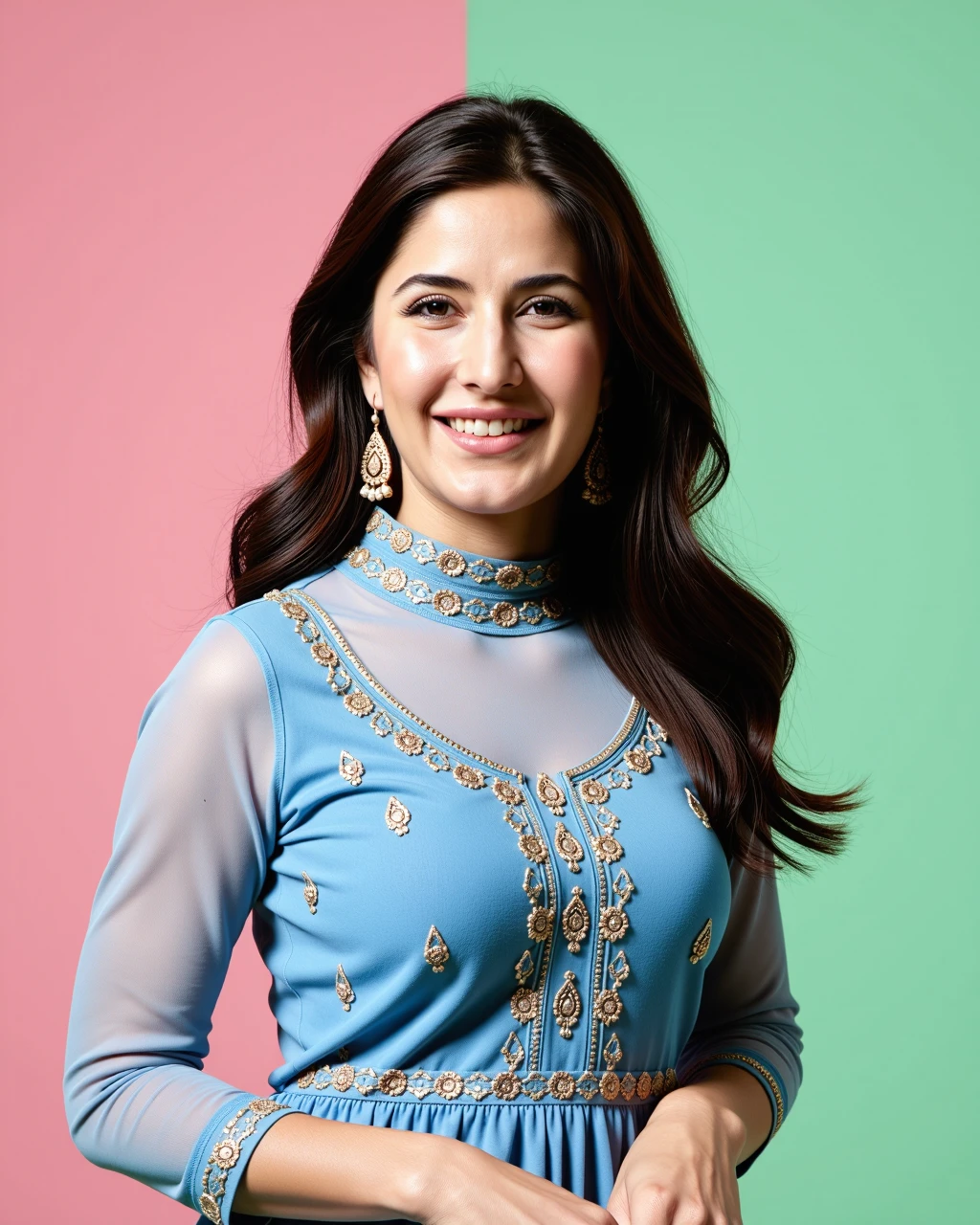 headshot photo of a Katrina Kaif woman,candid photo with natural colors, laughing expression on face,studio quality, wearing intricate conservative turtleneck Blue Patiala Suit, curls, pastel shaded multicolored background, cinematic soft lighting<lora:TestBed\Katrina_Kaif_2024_Flux_Kohya_V1.safetensors:1.0:1.0>