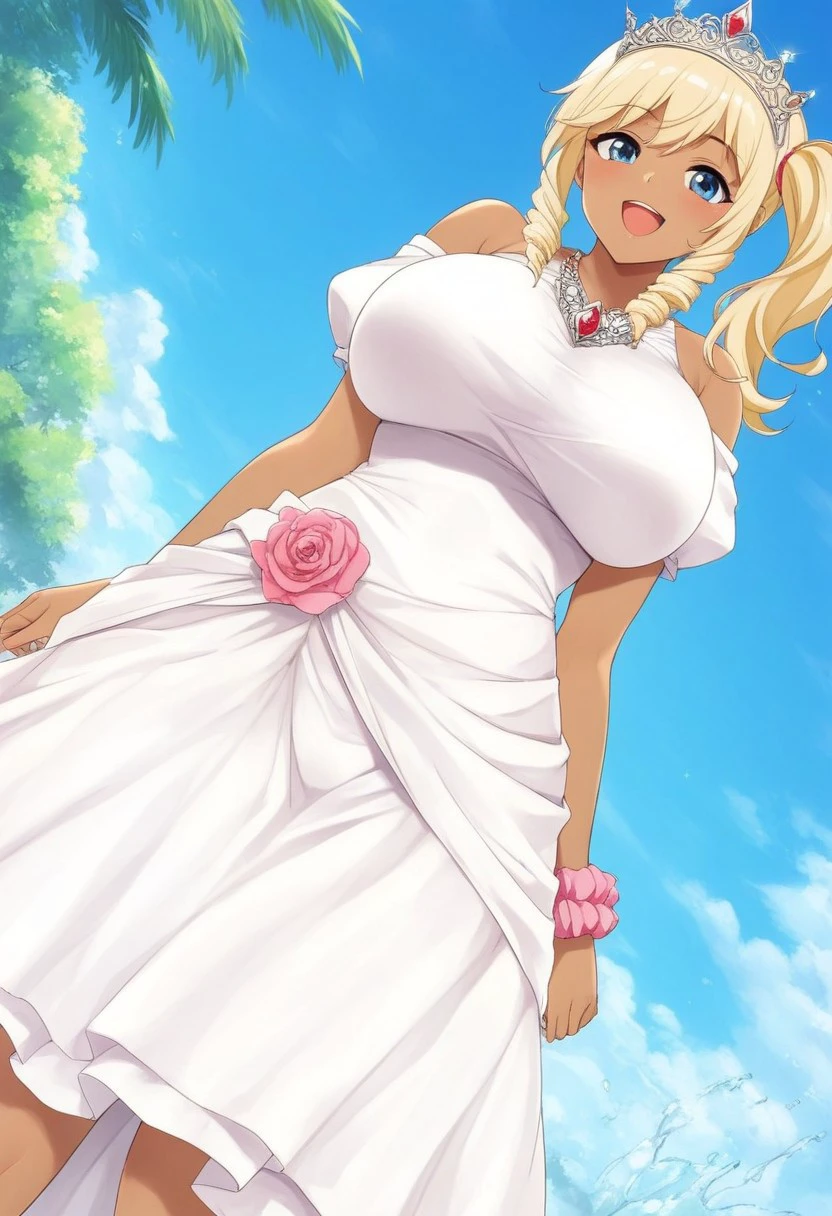 score_9, score_8_up, score_7_up, 1girl, solo, princess meltys, dark-skinned female, large breasts, blonde hair, drill sidelocks, side tail, ganguro, tiara, pink floral scrunchie, white dress, smiling, open mouth,, outdoors, blue sky, dutch angle, cowboy shot,